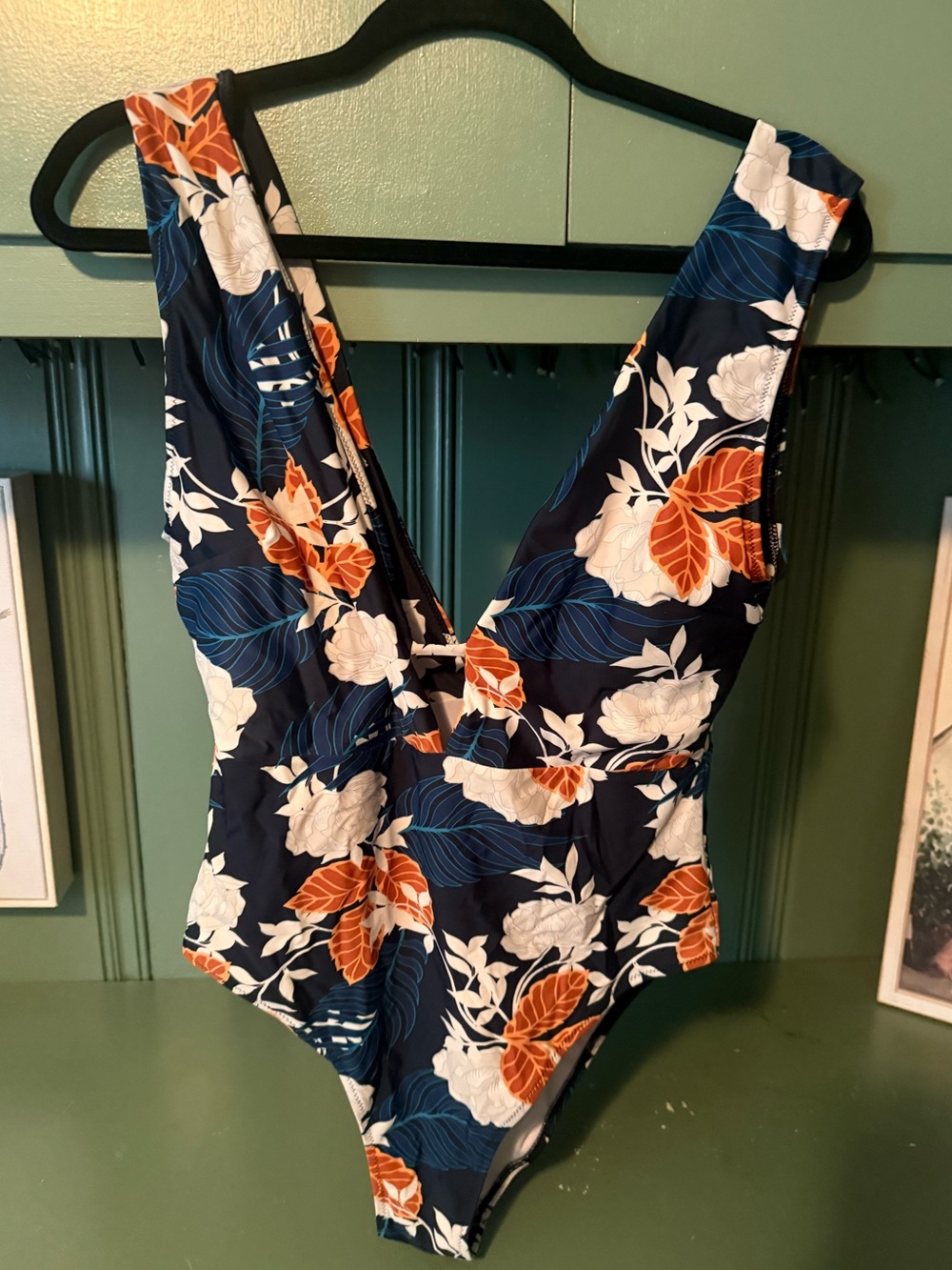 Cupshe Navy Floral One-Piece Swimsuit with Orange & White